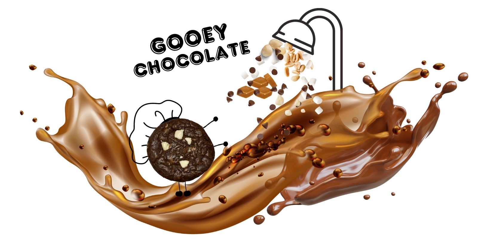 white chocolate chunks gooey cookie taking a droplets shower of melting chocolate macademia peanuts caramel toffee nuts mashmallow