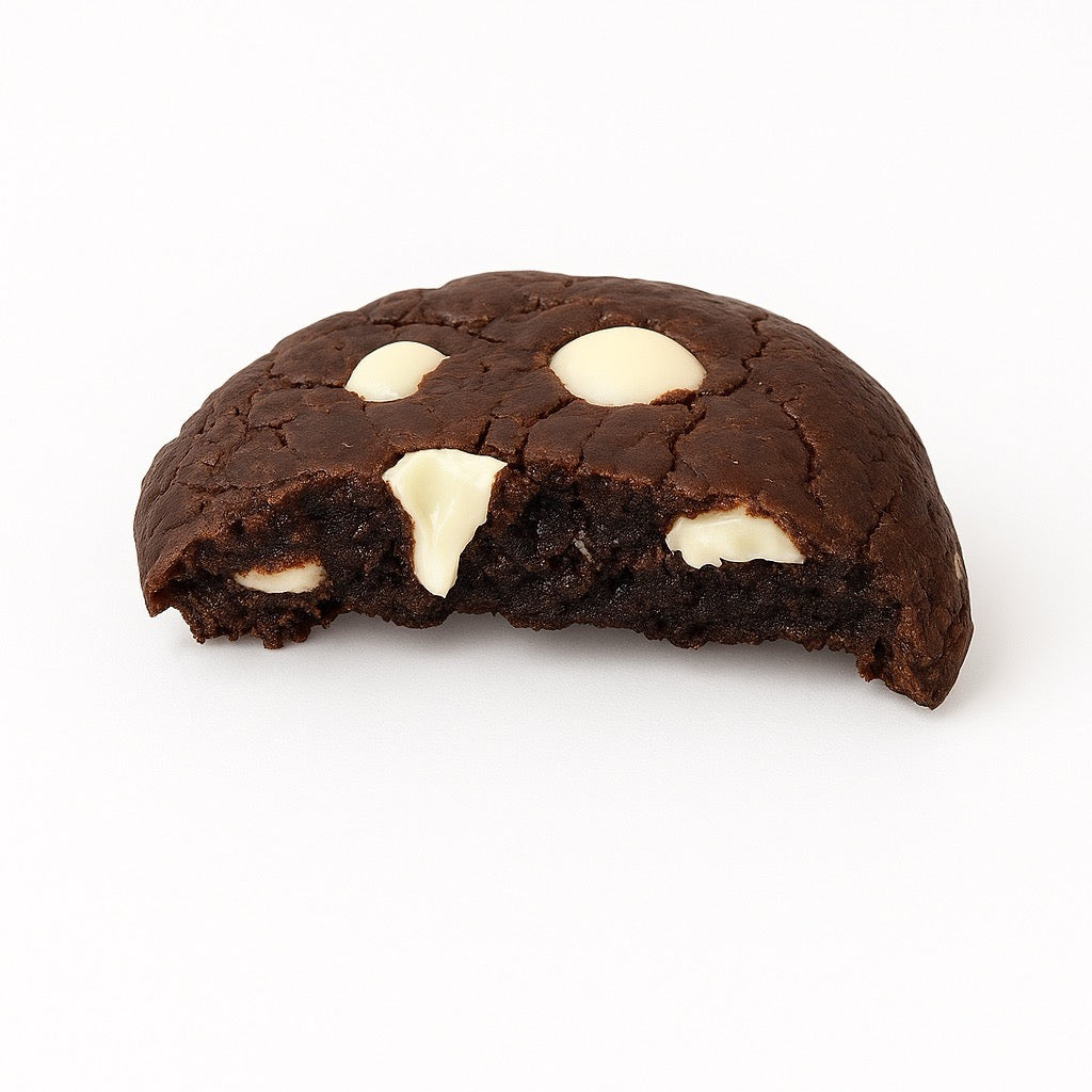 Chocoo half soft-baked cookie with white chips on white background