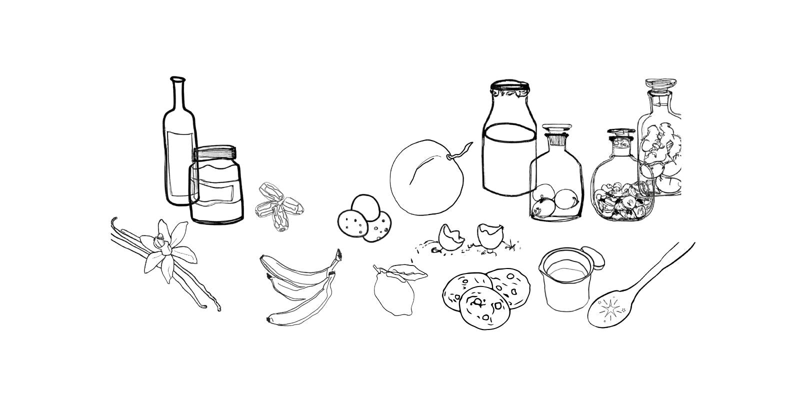 black drawing of fruits and ingredients