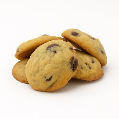 Old recipe mini chocolate chip cookies close-up on white background